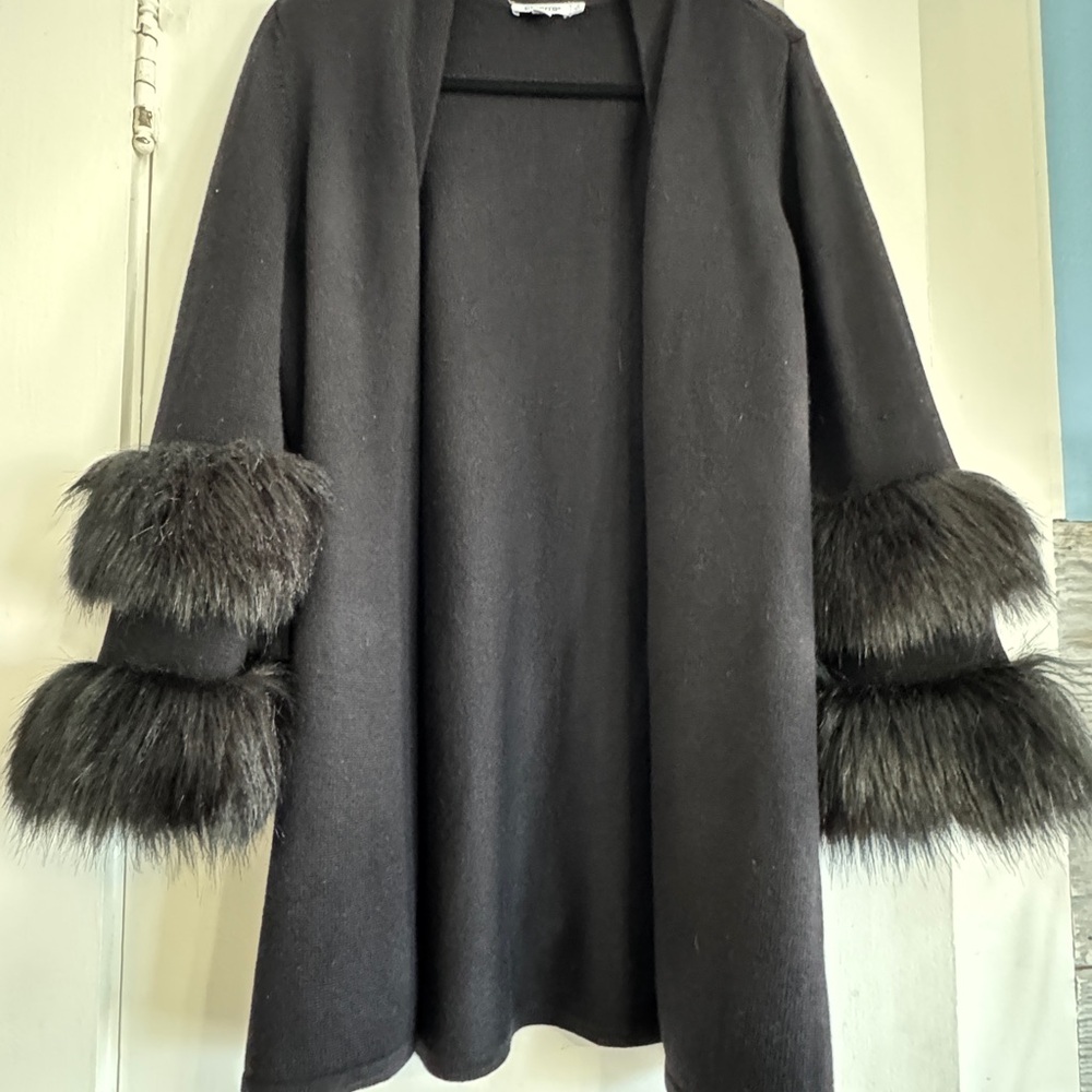 Chico's Elegant Black Cardigan with Faux Fur Cuffs